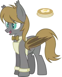 Size: 2424x2974 | Tagged: safe, artist:duskthebatpack, derpibooru import, oc, oc:buttermilk pancake, unofficial characters only, bat pony, pony, apron, bowtie, clothes, cute, cutie mark, fangs, male, open mouth, pancakes, simple background, smiling, solo, stallion, transparent background, vector, waiter
