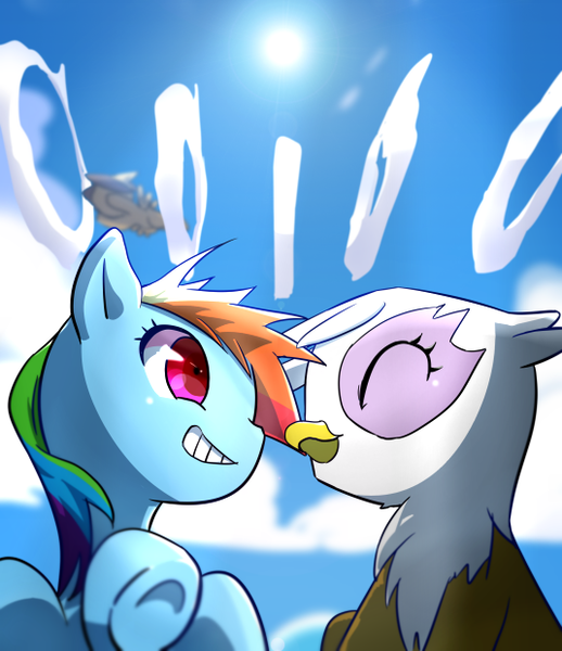 Size: 535x620 | Tagged: safe, artist:youhoujou, derpibooru import, gilda, rainbow dash, gryphon, filly, younger