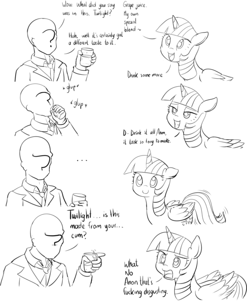 Size: 1741x2125 | Tagged: questionable, artist:mcsadat, derpibooru import, twilight sparkle, twilight sparkle (alicorn), oc, oc:anon, alicorn, human, pony, comic, drink, female, lineart, mare, monochrome, vulgar