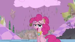 Size: 1280x718 | Tagged: safe, derpibooru import, screencap, pinkie pie, earth pony, pony, the return of harmony, chaos, chocolate, chocolate milk, chocolate rain, cloud, cotton candy, cotton candy cloud, discorded landscape, element of laughter, female, food, mare, solo, tongue out