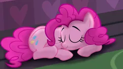 Size: 1280x720 | Tagged: artist:ikillyou121, cute, derpibooru import, diapinkes, eyes closed, pinkie pie, prone, safe, sleeping, smiling, solo