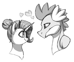 Size: 1280x1064 | Tagged: safe, artist:88ms-allie88, artist:seleniium, derpibooru import, rarity, spike, dragon, pony, unicorn, alternate hairstyle, female, heart, male, mare, monochrome, older, older spike, shipping, simple background, smiling, sparity, straight, transparent background