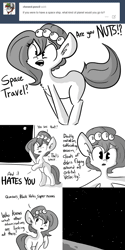 Size: 800x1600 | Tagged: safe, artist:tjpones, derpibooru import, oc, oc:brownie bun, oc:mega-bun, unofficial characters only, horse wife, animated, ask, comic, monochrome, moon, space, space pony, tumblr