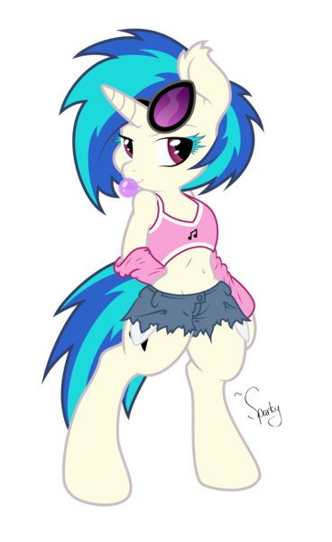 Size: 4187x6819 | Tagged: safe, artist:atmospark, artist:dfectivedvice, derpibooru import, vinyl scratch, pony, semi-anthro, unicorn, absurd resolution, belly button, bipedal, bra on pony, bubblegum, clothes, daisy dukes, female, hooves, horn, hot pants, mare, midriff, shorts, simple background, sketch, solo, sports bra, sunglasses, transparent background, vector