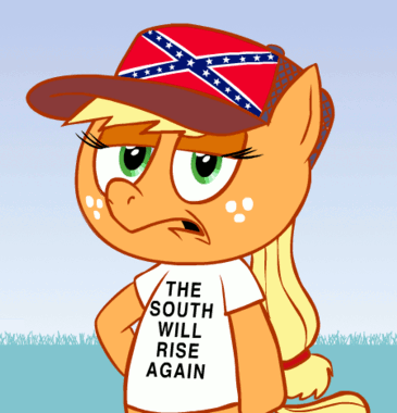 Size: 365x380 | Tagged: american civil war, applejack, artist:hotdiggedydemon, ask, ask jappleack, battle flag of tennessee, bigotjack, civil war, clothes, confederate, confederate flag, cropped, derpibooru import, drama, edit, flag, hat, jappleack, mouthpiece, out of character, racism, redneck, safe, solo, the south will rise again, trucker's cap, t-shirt, tumblr