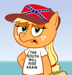 Size: 365x380 | Tagged: american civil war, applejack, artist:hotdiggedydemon, ask, ask jappleack, battle flag of tennessee, bigotjack, civil war, clothes, confederate, confederate flag, cropped, derpibooru import, drama, edit, flag, hat, jappleack, mouthpiece, out of character, racism, redneck, safe, solo, the south will rise again, trucker's cap, t-shirt, tumblr