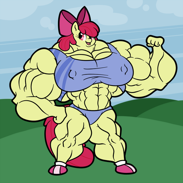 Size: 1000x1000 | Tagged: anthro, apple bloom, apple brawn, artist:glux2, clothes, derpibooru import, erect nipples, fetish, flexing, hyper, muscle fetish, muscles, nipple outline, nipples, overdeveloped muscles, solo, sports bra, suggestive