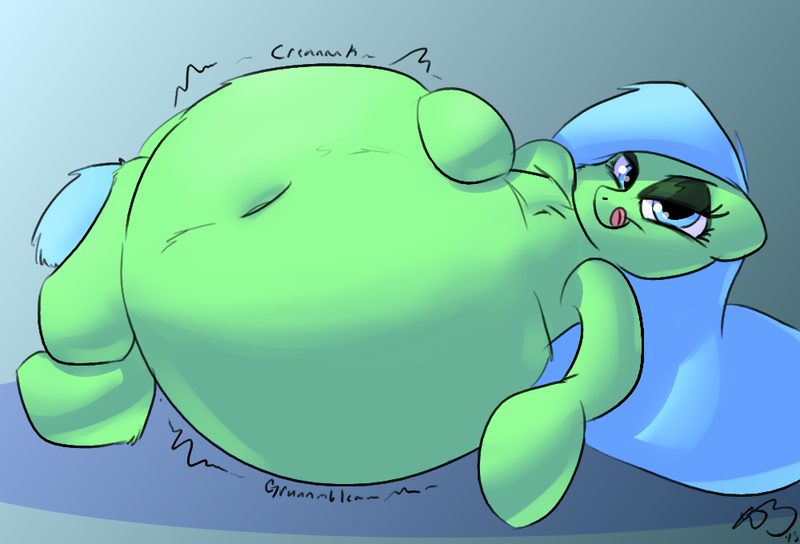 Size: 1000x680 | Tagged: questionable, artist:093, derpibooru import, oc, oc:mint, unofficial characters only, earth pony, pony, belly, belly button, big belly, fat, female, huge belly, kitchen eyes, licking lips, obese, solo, solo female, stomach noise, stuffed, tongue out