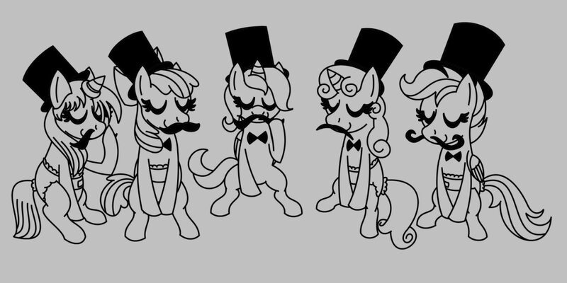 Size: 1280x640 | Tagged: apple bloom, artist:neoryan2, cute, cutie mark crusaders, derpibooru import, diaper, diaper fetish, fake moustache, filly, hat, monochrome, moustache, oc, oc:mindset, princess luna, questionable, scootaloo, simple background, sweetie belle, top hat, woona