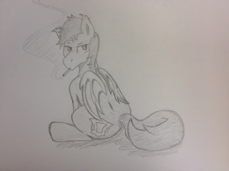 Size: 3264x2448 | Tagged: safe, artist:rfiguer9, derpibooru import, oc, unofficial characters only, bat pony, pony, cigarette, grayscale, male, monochrome, simple background, sitting, smoking, solo, stallion, traditional art