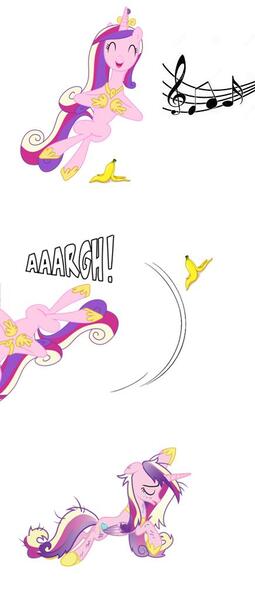 Size: 436x1024 | Tagged: banana, derpibooru import, edit, falling, princess cadance, safe