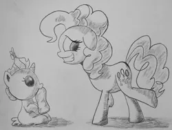 Size: 1400x1050 | Tagged: artist:inkygarden, charcoal drawing, derpibooru import, grayscale, monochrome, pinkie pie, pumpkin cake, safe, sketch, sock, traditional art