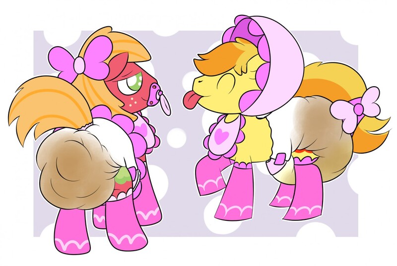 Size: 1280x859 | Tagged: questionable, artist:sir-dancalot, derpibooru import, big macintosh, braeburn, earth pony, pony, bib, bonnet, braeby, clothes, crossdressing, diaper, diaper fetish, dress, hair bow, male, messy diaper, pacifier, socks, stallion, tail bow, tongue out