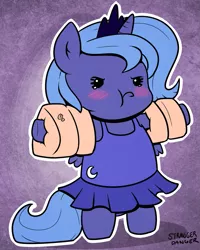 Size: 943x1181 | Tagged: safe, artist:strangerdanger, derpibooru import, princess luna, pony, :t, annoyed, attached skirt, beady eyes, bipedal, blushing, chibi, clothes, crying, cute, filly, floaty, frown, lunabetes, one-piece swimsuit, pouting, solo, swimsuit, water wings, woona