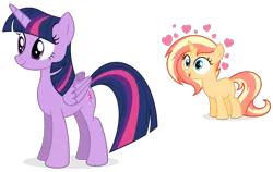 Size: 1014x641 | Tagged: safe, artist:ezidze, artist:shizow, derpibooru import, twilight sparkle, twilight sparkle (alicorn), oc, oc:sunglow, unofficial characters only, alicorn, pony, crush, female, filly, heart, love, magical lesbian spawn, mare, offspring, parent:fluttershy, parent:sunset shimmer, parents:sunshyne, ponytail, shipping, simple background, transparent background, younger