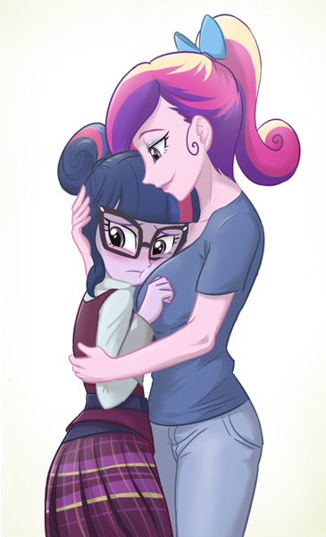 Size: 840x1380 | Tagged: safe, artist:ta-na, derpibooru import, princess cadance, sci-twi, twilight sparkle, equestria girls, friendship games, :t, blushing, boob smothering, breast pillow, breasts, busty princess cadance, clothes, crystal prep academy uniform, cute, dean cadance, female, frown, glasses, hair bun, hug, looking away, ponytail, school uniform, sister-in-law, skirt, smiling, twiabetes
