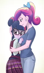 Size: 840x1380 | Tagged: safe, artist:ta-na, derpibooru import, princess cadance, sci-twi, twilight sparkle, equestria girls, friendship games, :t, blushing, boob smothering, breast pillow, breasts, busty princess cadance, clothes, crystal prep academy uniform, cute, dean cadance, female, frown, glasses, hair bun, hug, looking away, ponytail, school uniform, sister-in-law, skirt, smiling, twiabetes