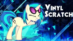 Size: 2560x1440 | Tagged: safe, artist:iiwonderwomanii, artist:takua770, derpibooru import, vinyl scratch, pony, unicorn, abstract background, cutie mark, eyes closed, female, hooves, horn, mare, smiling, solo, sunglasses, teeth, text, vector, wallpaper