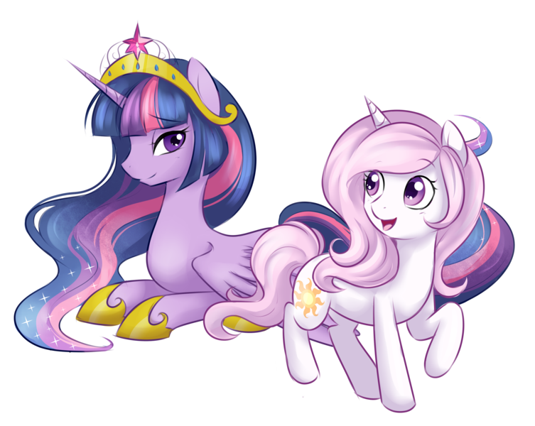 Size: 3000x2392 | Tagged: safe, artist:askbubblelee, derpibooru import, princess celestia, twilight sparkle, twilight sparkle (alicorn), alicorn, pony, alternate universe, bedroom eyes, big crown thingy, cute, cutelestia, element of magic, female, looking back, mare, open mouth, prone, raised hoof, role reversal, simple background, smiling, spread wings, transparent background, twiabetes