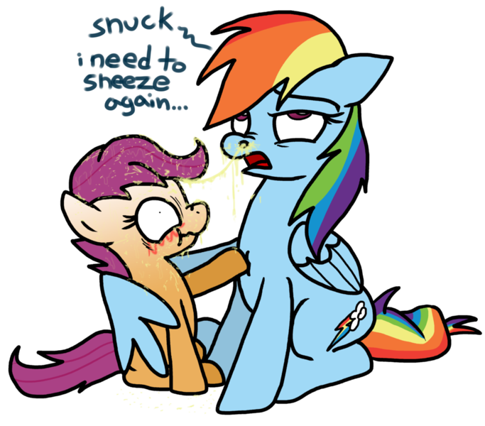 Size: 1024x899 | Tagged: abuse, artist:anyponedrawn, derpibooru import, disgusting, drenched, fail, female, filly, gross, group, hug denied, humor, mucus, nostrils, pre sneeze, rainbow dash, safe, scootabuse, scootaloo, scootalove denied, sneezing, snot, snot string