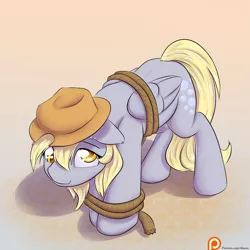 Size: 1375x1375 | Tagged: safe, artist:alasou, deleted from derpibooru, derpibooru import, derpy hooves, pegasus, pony, cute, derpabetes, female, hat, looking at you, looking up, mare, patreon, patreon logo, rope, smiling, solo, tied up