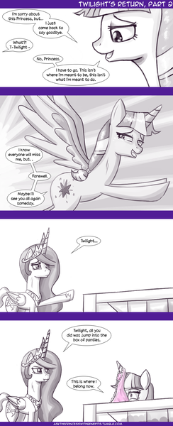 Size: 740x1821 | Tagged: suggestive, artist:deusexequus, derpibooru import, princess celestia, twilight sparkle, twilight sparkle (alicorn), alicorn, pony, ask the princess of friendship with benefits, :i, clothes, comic, crying, female, flying, frilly underwear, mare, monochrome, neo noir, panties, panties on head, partial color, pink underwear, spread wings, underwear