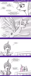 Size: 740x1821 | Tagged: suggestive, artist:deusexequus, derpibooru import, princess celestia, twilight sparkle, twilight sparkle (alicorn), alicorn, pony, ask the princess of friendship with benefits, :i, clothes, comic, crying, female, flying, frilly underwear, mare, monochrome, neo noir, panties, panties on head, partial color, pink underwear, spread wings, underwear