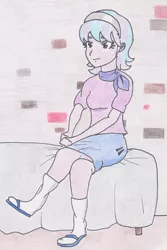 Size: 1506x2258 | Tagged: artist:ponysubmarine, bed, bedroom, clothes, cross legged, derpibooru import, human, humanized, safe, scarf, sitting, skirt, solo, starlight glimmer, the cutie map, traditional art