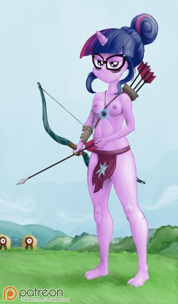 Size: 1171x2000 | Tagged: questionable, alternate version, artist:smudge proof, derpibooru import, sci-twi, twilight sparkle, equestria girls, friendship games, archer, archery, arrow, barefoot, bow (weapon), bow and arrow, breasts, bruised, clothes, feet, female, horn, locket, loincloth, looking at you, magic capture device, nipples, nudity, paint, patreon, patreon logo, pinup, scrapes, solo, solo female, the hunger games, toes, topless, weapon