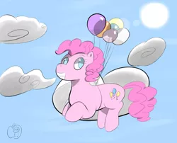 Size: 840x680 | Tagged: artist:an-honest-appul, balloon, derpibooru import, edit, floating, pinkie pie, safe, solo, then watch her balloons lift her up to the sky