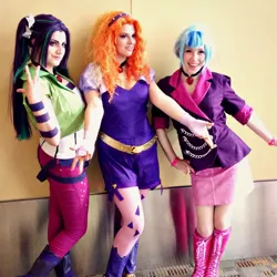 Size: 960x960 | Tagged: safe, artist:littlemissbloo, artist:sarahndipity cosplay, artist:shelbeanie, derpibooru import, adagio dazzle, aria blaze, sonata dusk, human, equestria girls, rainbow rocks, boots, clothes, cosplay, female, irl, irl human, photo, pigtails, ponytail, skirt, socks, the dazzlings, twintails