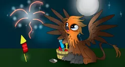 Size: 2000x1077 | Tagged: safe, artist:askshootingstar1234, derpibooru import, oc, oc:draco darkwing, unofficial characters only, gryphon, cute, fireworks, happy, male, moon, night, open mouth, sitting, smiling, solo, spread wings, stars, watching