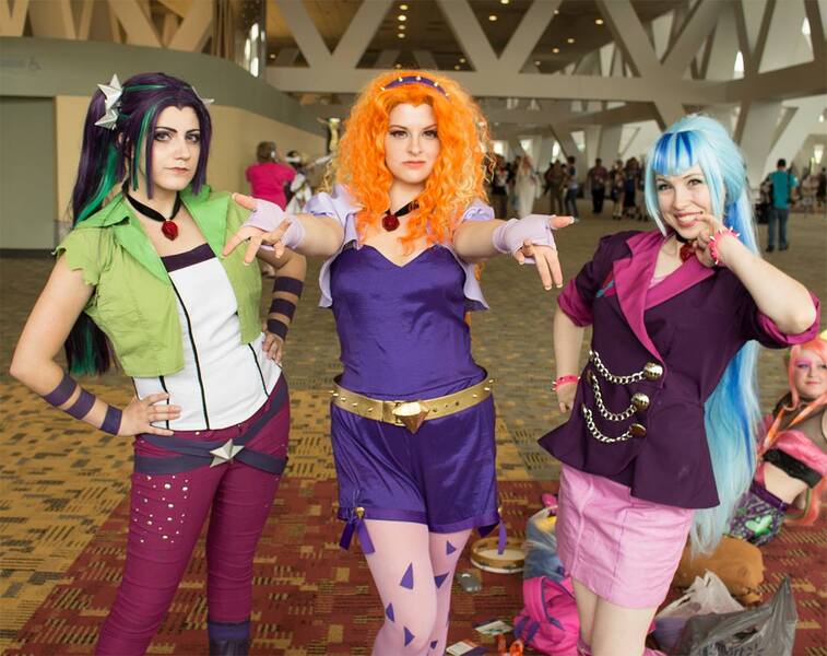 Size: 1200x951 | Tagged: safe, artist:littlemissbloo, artist:sarahndipity cosplay, artist:shelbeanie, derpibooru import, adagio dazzle, aria blaze, sonata dusk, human, bronycon, bronycon 2015, equestria girls, rainbow rocks, clothes, cosplay, female, irl, irl human, photo, skirt, the dazzlings