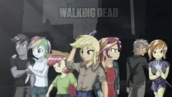 Size: 1280x720 | Tagged: safe, artist:ngrycritic, derpibooru import, apple bloom, applejack, rainbow dash, sunset shimmer, equestria girls, style emulation, the walking dead, uotapo-ish