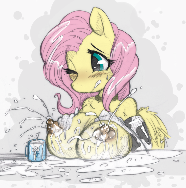 Size: 1917x1935 | Tagged: anthro, areola, artist:mirapony, big nipples, breast milk, breasts, busty fluttershy, clothes, cowprint, derpibooru import, excessive milk, female, fluttershy, gloves, hyper lactation, implied flutterdash, implied shipping, lactation, milk, milk squirt, mug, nipples, nudity, puffy areolas, questionable, solo, solo female