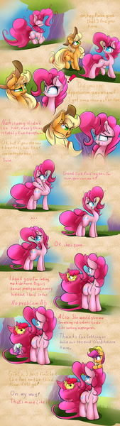 Size: 2000x7106 | Tagged: safe, artist:madacon, derpibooru import, apple bloom, applejack, pinkie pie, scootaloo, sweetie belle, earth pony, pegasus, pony, unicorn, adorabloom, comic, cute, cutealoo, cutie mark crusaders, dialogue, diapinkes, diasweetes, female, filly, hammerspace, hammerspace hair, hard hat, hat, jackabetes, lies, madacon is trying to murder us, mare, music notes, pinkie physics, pomf, sweat, that escalated quickly, wrench