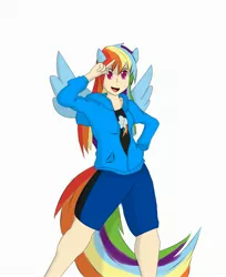 Size: 2472x3036 | Tagged: artist:convoykaiser, clothes, derpibooru import, eared humanization, hoodie, human, humanized, looking at you, open mouth, rainbow dash, safe, simple background, smiling, solo, tailed humanization, white background, winged humanization