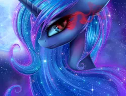 Size: 3000x2300 | Tagged: safe, artist:magnaluna, derpibooru import, princess luna, alicorn, bust, color porn, ethereal mane, female, frown, glowing eyes, looking at you, mare, missing accessory, moon, night, portrait, sky, slit eyes, solo, starry mane, starry night