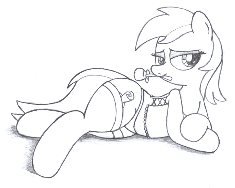 Size: 2500x2000 | Tagged: artist:an-tonio, bedroom eyes, clothes, corset, derpibooru import, female, lineart, monochrome, panties, rose, roseluck, socks, solo, solo female, suggestive, traditional art, underwear