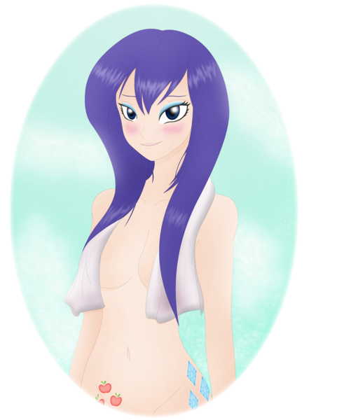 Size: 1581x1972 | Tagged: alternative cutie mark placement, artist:alexlayer, artist:johnjoseco, bedroom eyes, belly button, big breasts, breasts, colored, color edit, derpibooru import, edit, female, human, humanized, implied rarijack, implied shipping, inner thigh cutie mark, looking at you, nudity, rarity, smiling, solo, solo female, suggestive, towel, virginity cutie mark, wet hair