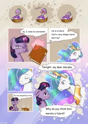 Size: 1500x2122 | Tagged: annoyed, artist:dsp2003, artist:mrs1989, baby spike, blushing, book, colored, comic, comic:spike the messenger, cute, dead source, derpibooru import, eye contact, eyes closed, filly, filly twilight sparkle, floppy ears, frown, glare, :i, magic, open mouth, princess celestia, puffy cheeks, safe, sigh, sitting, smiling, spike, spike the messenger, :t, telekinesis, thought bubble, twilight sparkle, yawn, younger