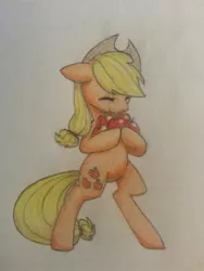 Size: 960x1280 | Tagged: safe, artist:breadcipher, derpibooru import, applejack, pony, apple, bipedal, colored pencil drawing, eyes closed, food, happy, hoof hold, simple background, smiling, solo, traditional art