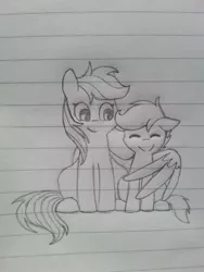 Size: 960x1280 | Tagged: artist:breadcipher, derpibooru import, hug, lined paper, monochrome, rainbow dash, safe, scootaloo, scootalove, traditional art, winghug