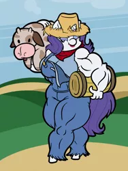 Size: 750x1000 | Tagged: anthro, artist:glux2, barrel, breasts, busty rarity, cow, derpibooru import, female, fetish, muscle fetish, muscles, overalls, rarihick, rarity, ripped rarity, safe, simple ways, solo