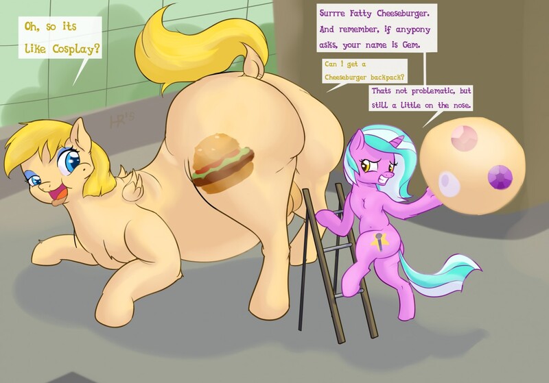 Size: 1280x894 | Tagged: questionable, artist:hell ray, derpibooru import, oc, oc:crystal universe, oc:fatty cheeseburger, oc:mane event, oc:zippy doo, unofficial characters only, pegasus, pony, bronycon, beauty mark, big lips, crotchboobs, cutie mark, fake cutie mark, fat, flabby chest, gi, good morning baltimare, grin, impossibly large butt, indoors, ladder, nervous, plot, raised tail, short hair, size difference, small wings, the ass was fat