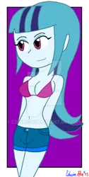 Size: 400x794 | Tagged: dead source, suggestive, artist:edwinshy, derpibooru import, sonata dusk, equestria girls, belly button, bikini top, breasts, busty sonata dusk, clothes, deviantart watermark, female, ms paint, obtrusive watermark, shorts, solo, watermark