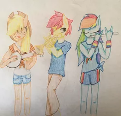 Size: 634x609 | Tagged: safe, artist:rainbowrules, derpibooru import, applejack, rainbow dash, oc, oc:crimson azure, anthro, banjo, eyes closed, flute, hat, musical instrument, traditional art, trumpet