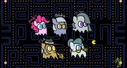 Size: 1024x546 | Tagged: artist:rastaquouere69, cloudy quartz, derpibooru import, ghost, igneous rock pie, limestone pie, marble pie, pac-man, pie family, pie sisters, quartzrock, safe, video game