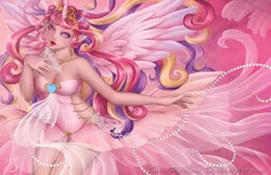 Size: 1024x663 | Tagged: artist:saintprecious, clothes, derpibooru import, dress, elf ears, horned humanization, human, humanized, pink, princess cadance, safe, solo, so much pink, winged humanization