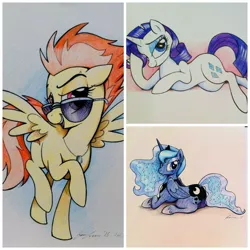 Size: 1024x1024 | Tagged: artist:mmmenagerie, derpibooru import, princess luna, rarity, safe, spitfire, traditional art